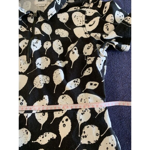 Obey Leaves Dress Collar Short Sleeve Quarter Zip Mini Black White Thick Cotton - Picture 8 of 9